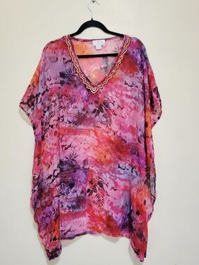 Sol & Mer Pink Purple Floral V-Neck Women's Swimwear Cover Up